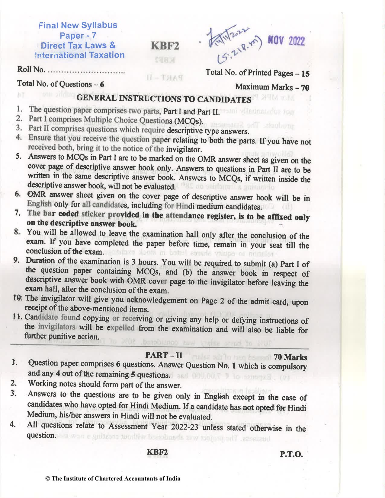 CA Final Nov 2022 Question Paper - Paper 7 – Direct Tax Laws and International Taxation - Page 1