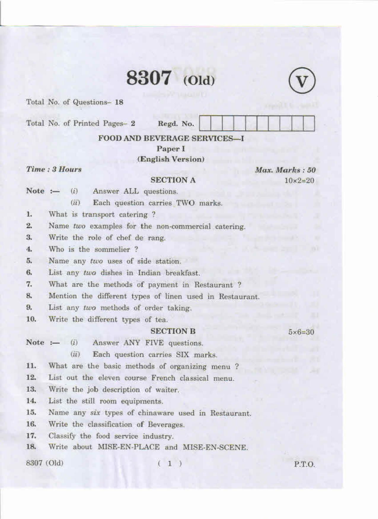 AP Inter 1st Year Food and Beverage Service-I (Old) May-2019-Vocational Question Paper - Page 1