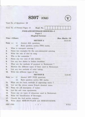 AP Inter 1st Year Food and Beverage Service-I (Old) May-2019-Vocational Question Paper