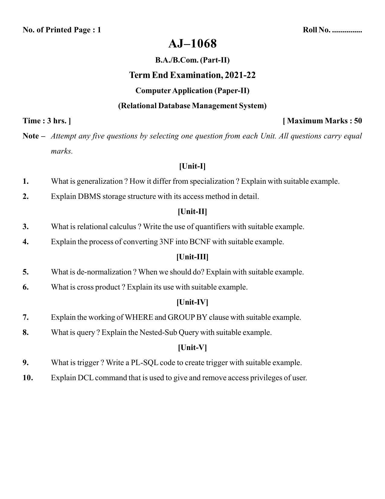 Bilaspur University Question Paper 2021-2022:B.A. Part-II (Two) Computer Applications I.Internet Application And E-Commerce II.Relational Database Management System  Paper 2 - Page 1