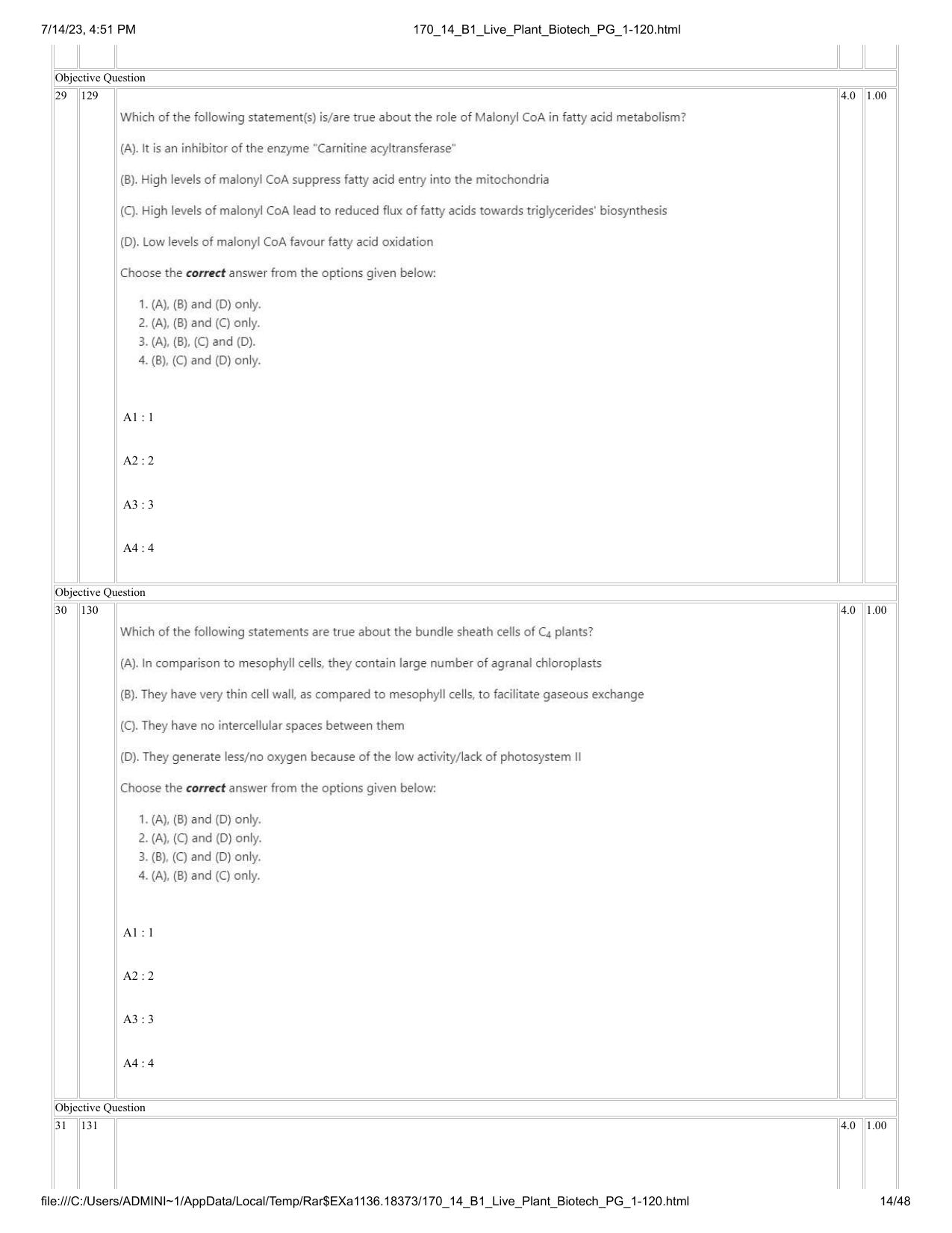 ICAR AIEEA PG 2023 PLANT BIOTECHNOLOGY Question Paper- 14 July 2023 - Page 14