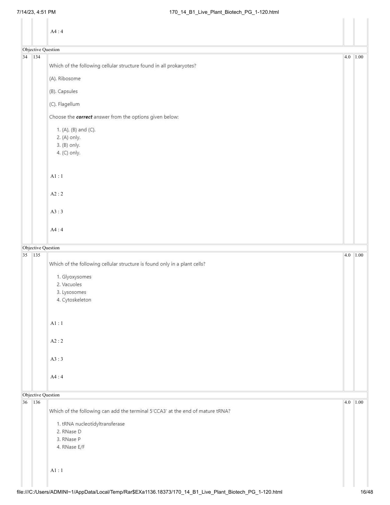ICAR AIEEA PG 2023 PLANT BIOTECHNOLOGY Question Paper- 14 July 2023 - Page 16