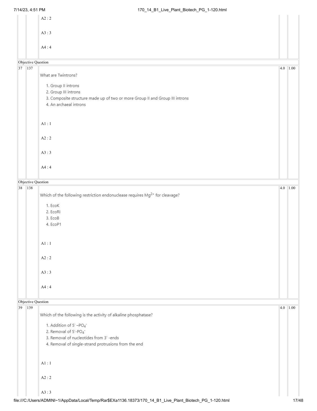 ICAR AIEEA PG 2023 PLANT BIOTECHNOLOGY Question Paper- 14 July 2023 - Page 17