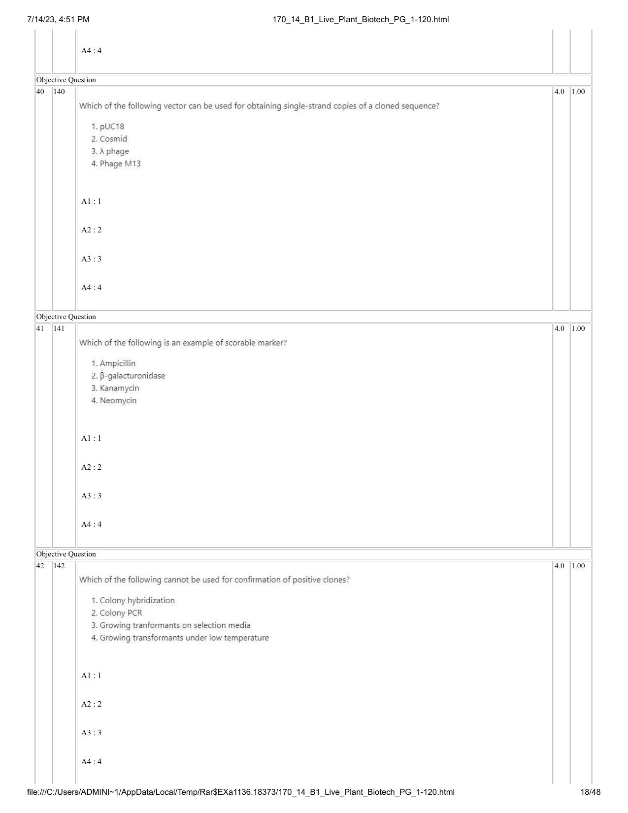 ICAR AIEEA PG 2023 PLANT BIOTECHNOLOGY Question Paper- 14 July 2023 - Page 18
