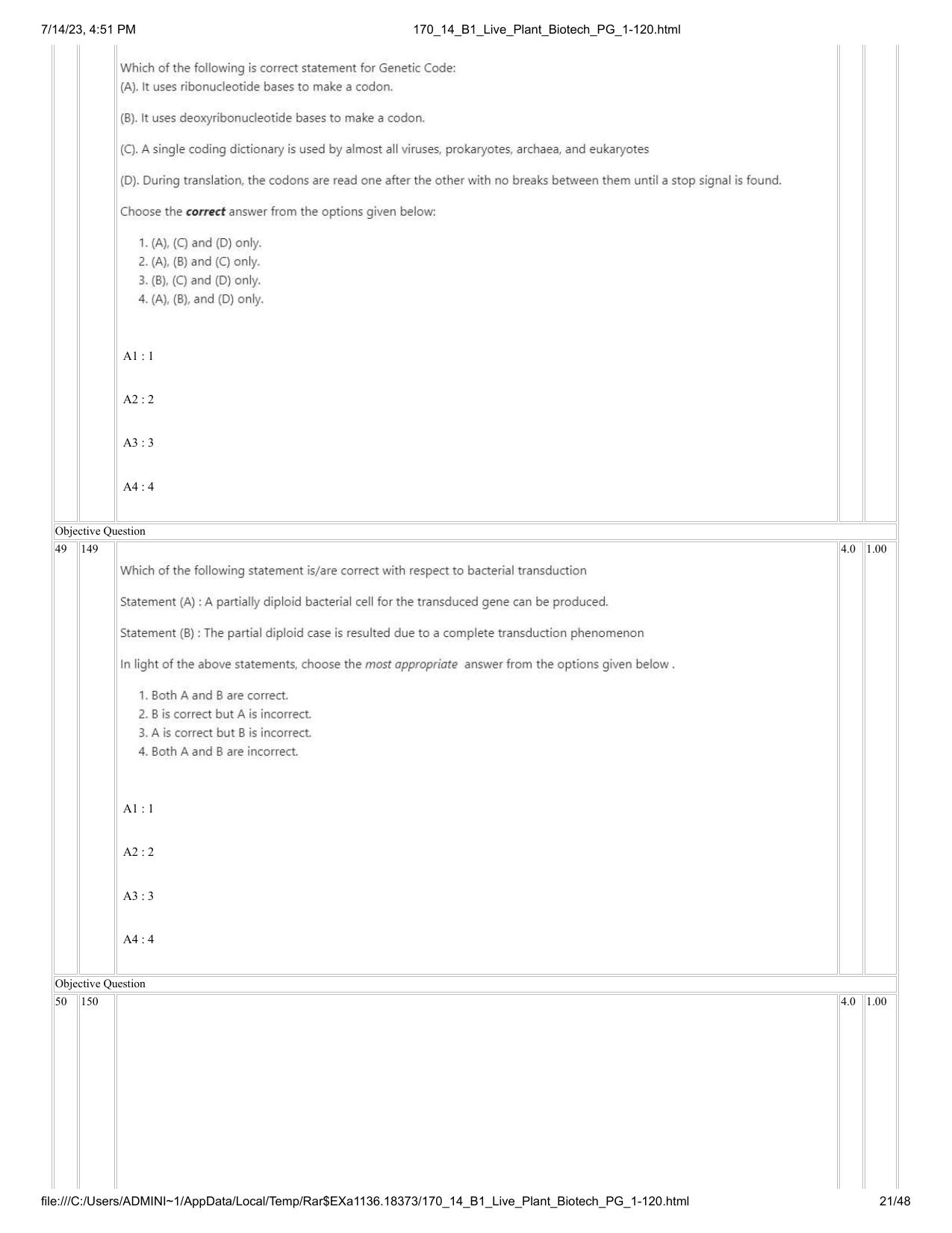 ICAR AIEEA PG 2023 PLANT BIOTECHNOLOGY Question Paper- 14 July 2023 - Page 21