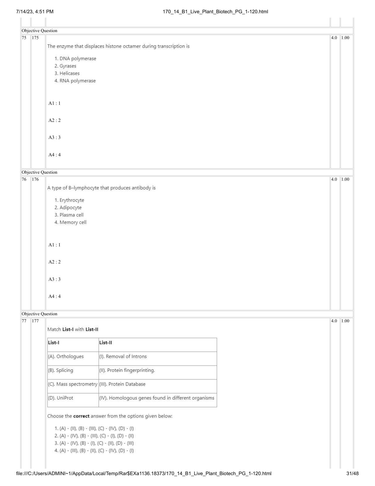 ICAR AIEEA PG 2023 PLANT BIOTECHNOLOGY Question Paper- 14 July 2023 - Page 31
