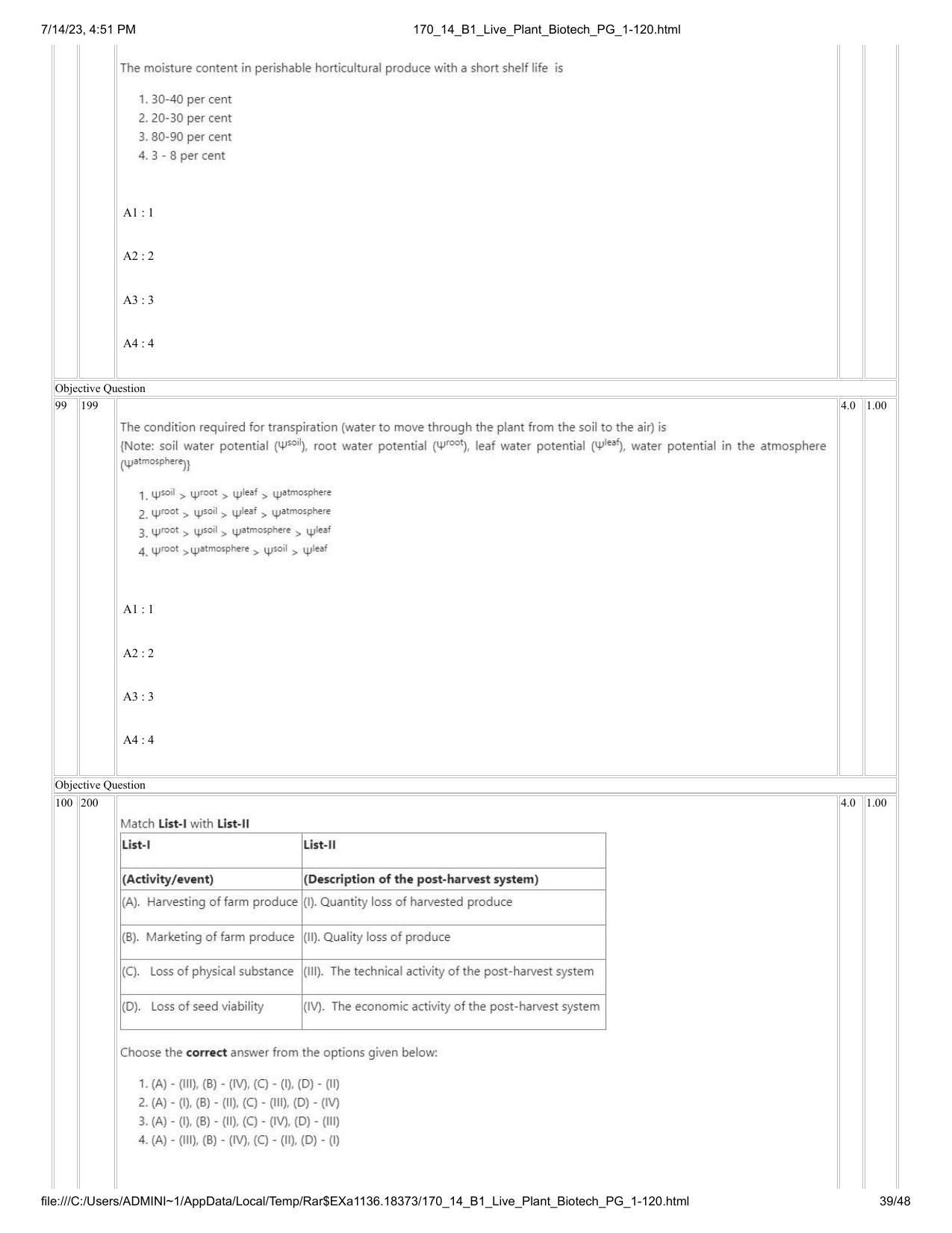 ICAR AIEEA PG 2023 PLANT BIOTECHNOLOGY Question Paper- 14 July 2023 - Page 39