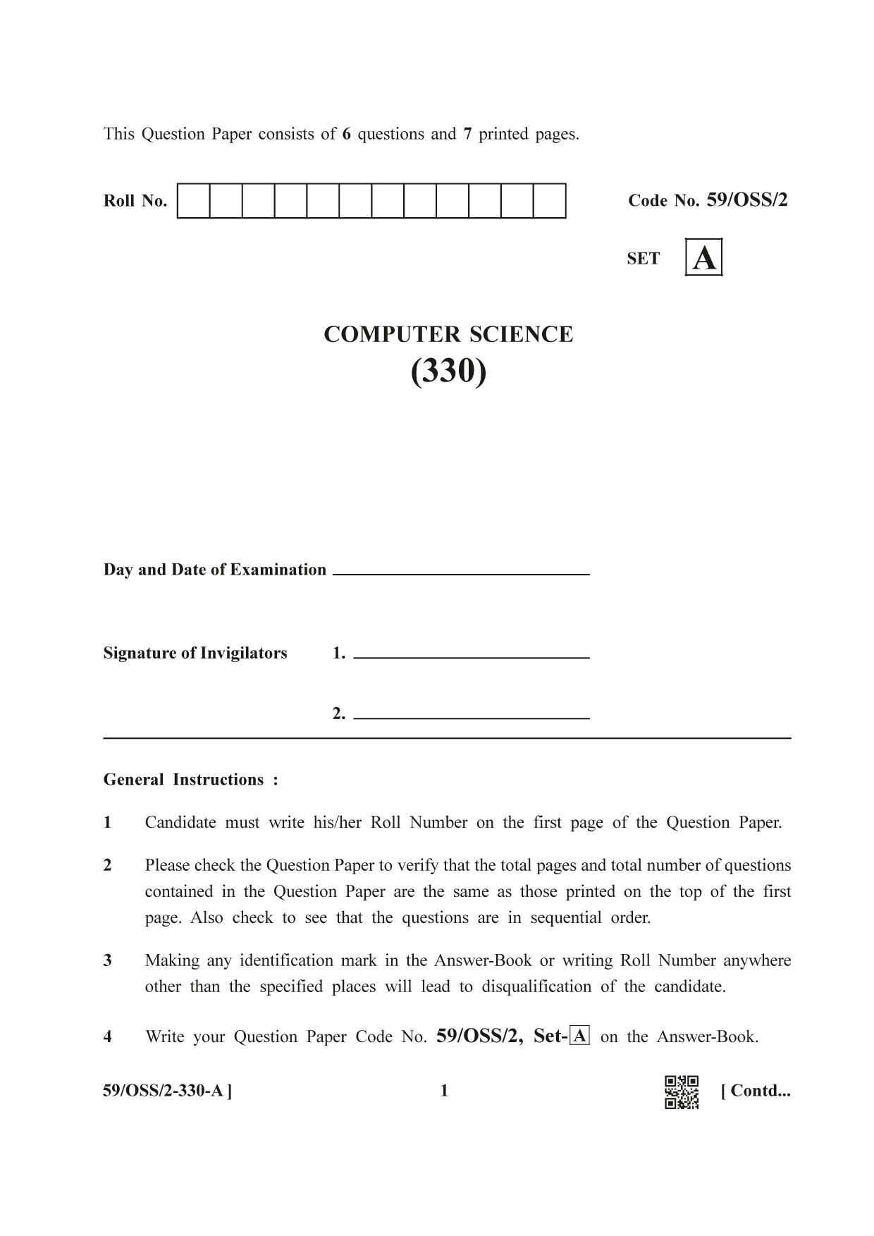 NIOS October 2019 Class 12 Computer Science (SET C) Question Paper - Page 1