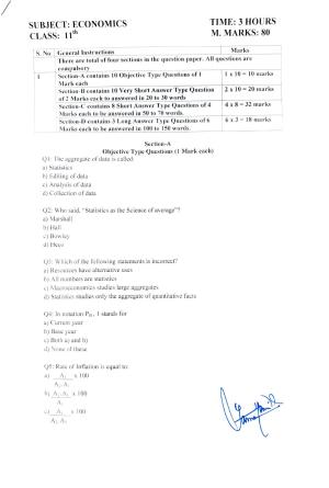 JKBOSE Class 11 Economics Model Question Paper