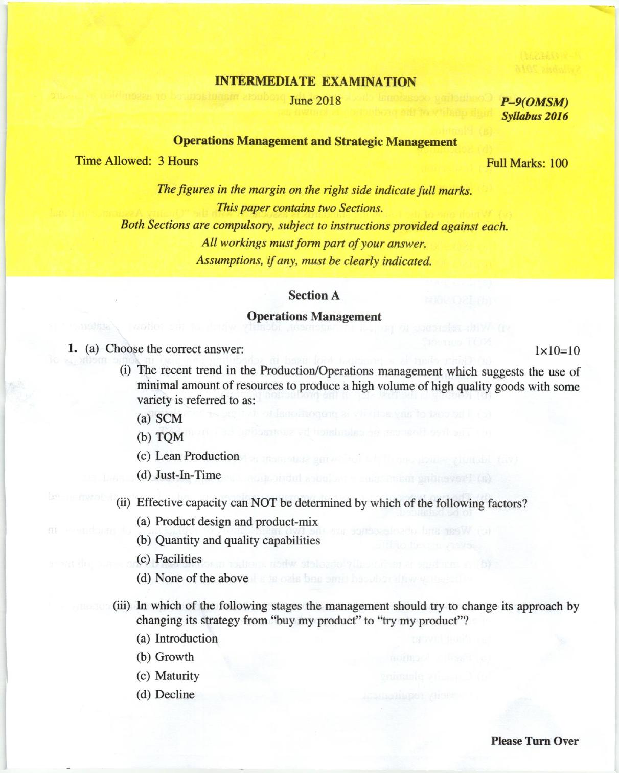 ICMAI June 2018 Operations Management and Strategic Management Question Paper - Page 1