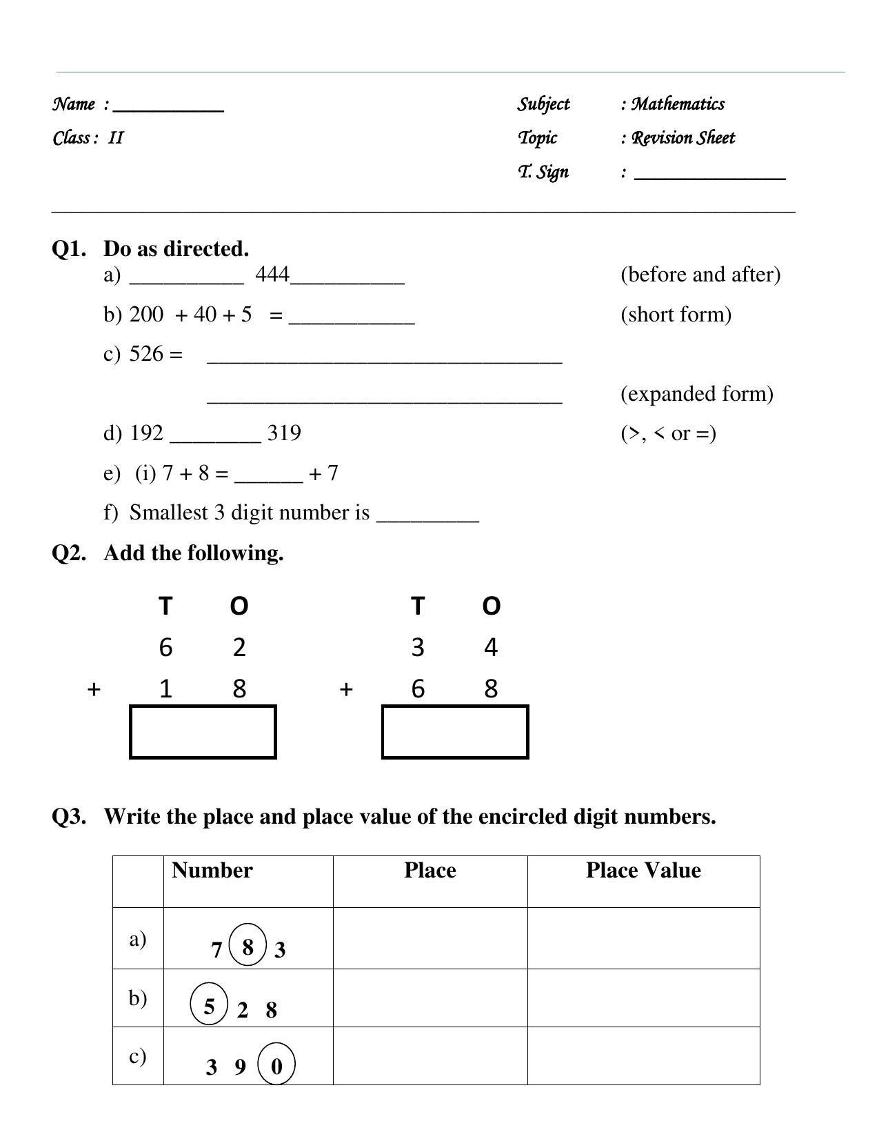 Revison Worksheets for Class 2 Maths Assignment 152 - Page 1
