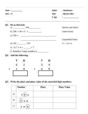 Revison Worksheets for Class 2 Maths Assignment 152