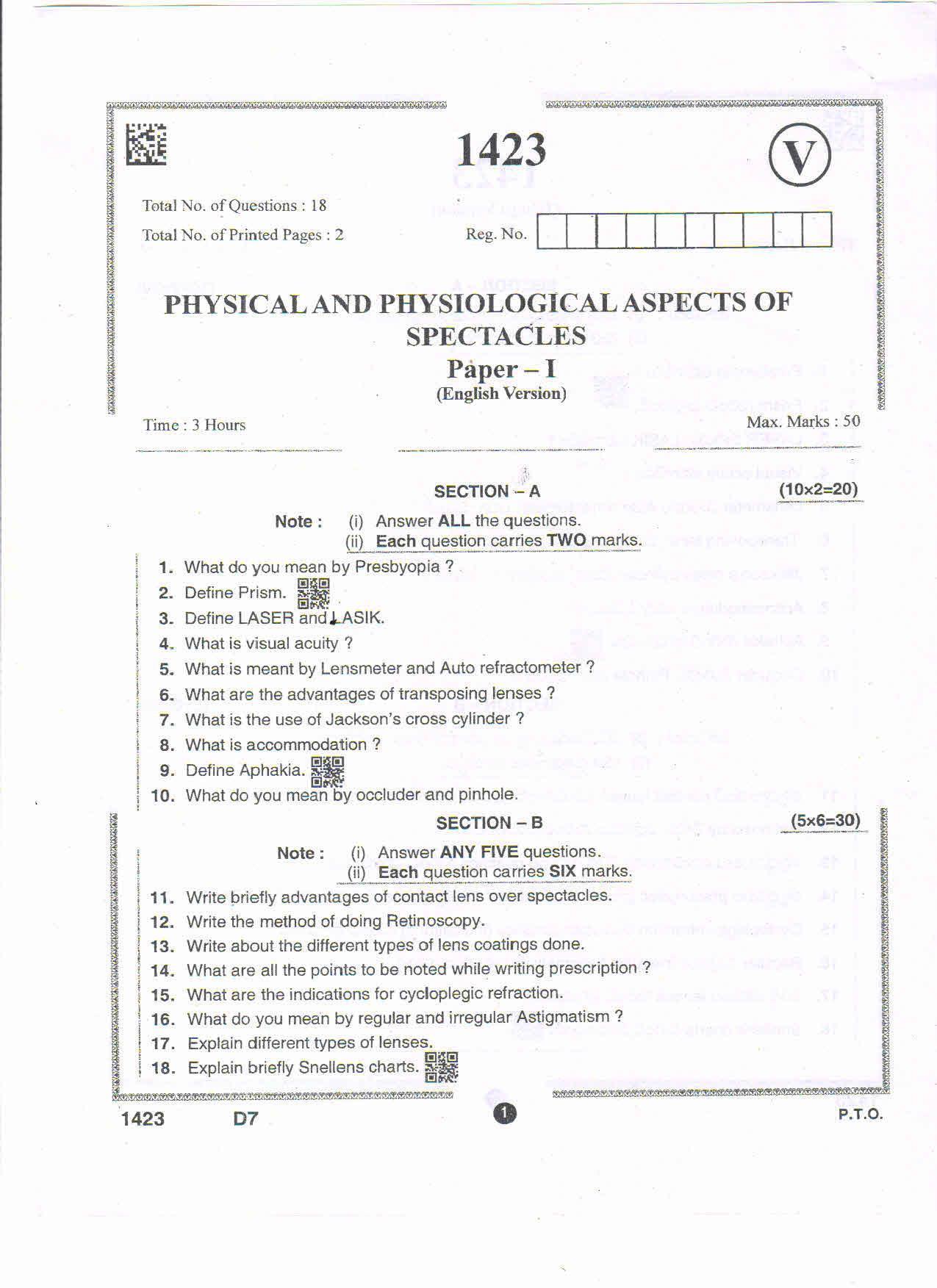 AP Intermediate 2nd Year Vocational Question Paper September-2021 - Physical&Physiological_Aspects_of_Spectacles-I - Page 1