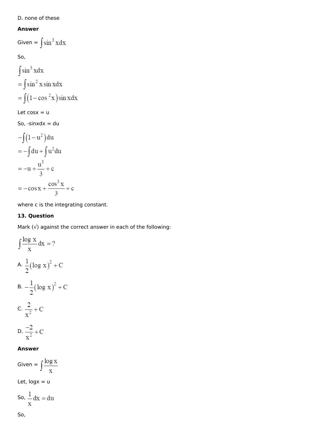 Chapter 13: Method of Integration Solutions: RS Aggarwal Class 12 Solutions  - Page 62