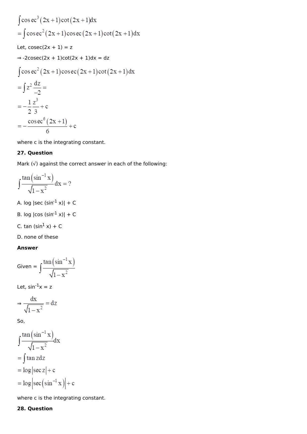 Chapter 13: Method of Integration Solutions: RS Aggarwal Class 12 Solutions  - Page 72