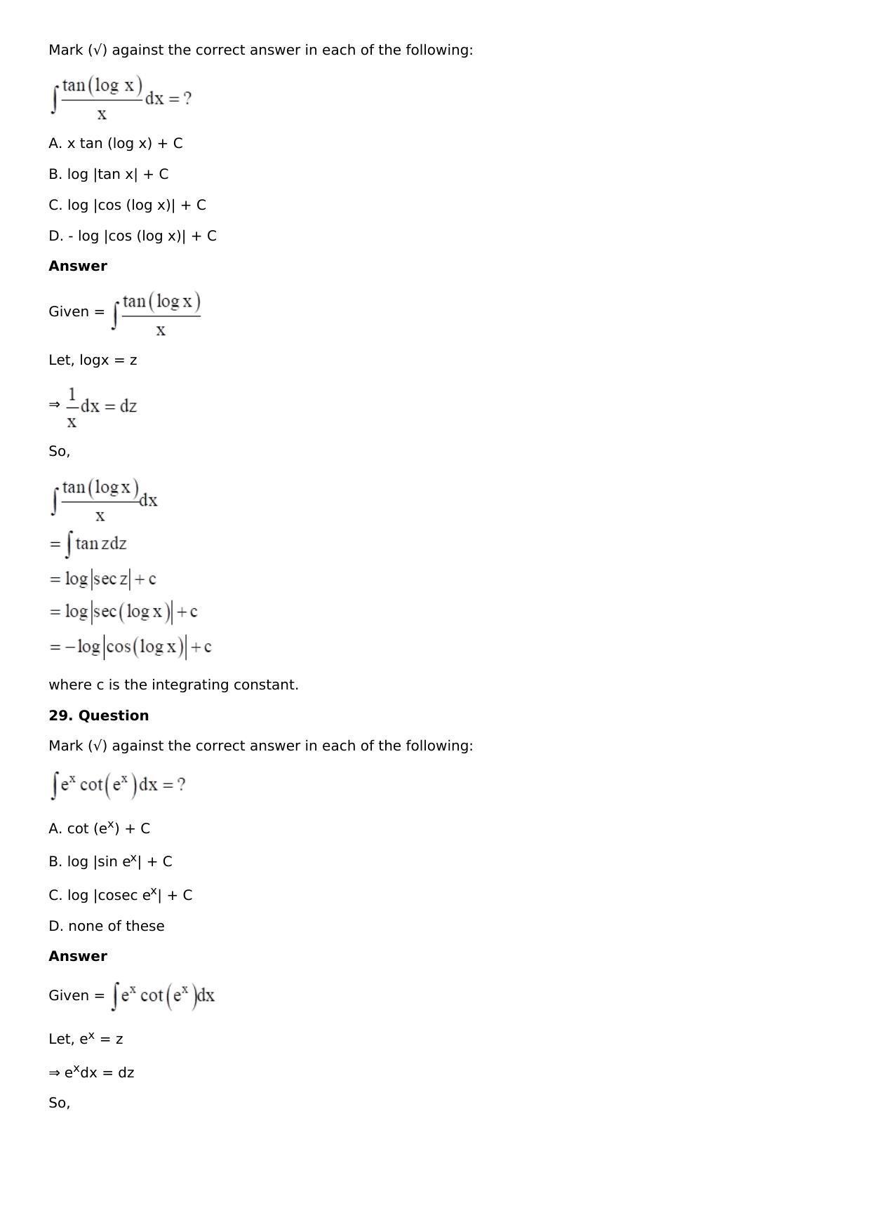 Chapter 13: Method of Integration Solutions: RS Aggarwal Class 12 Solutions  - Page 73