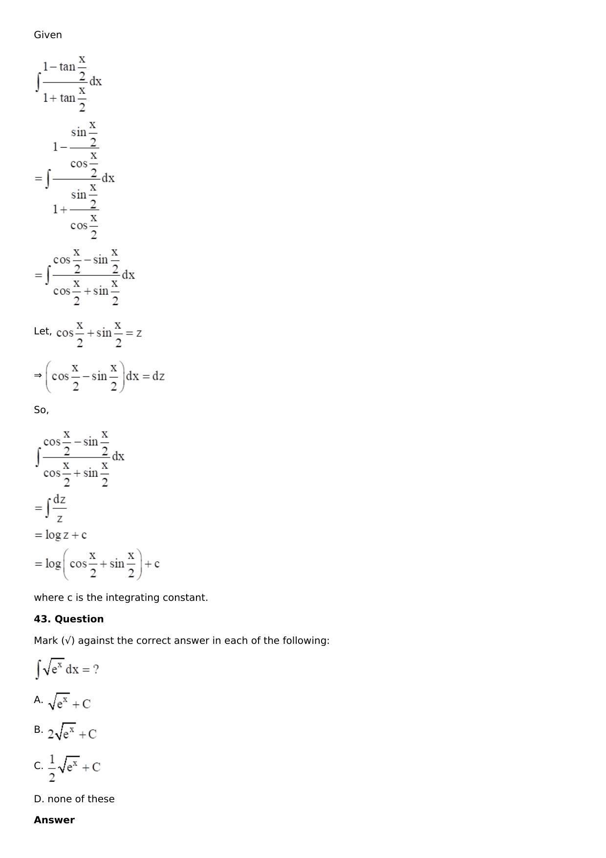Chapter 13: Method of Integration Solutions: RS Aggarwal Class 12 Solutions  - Page 84