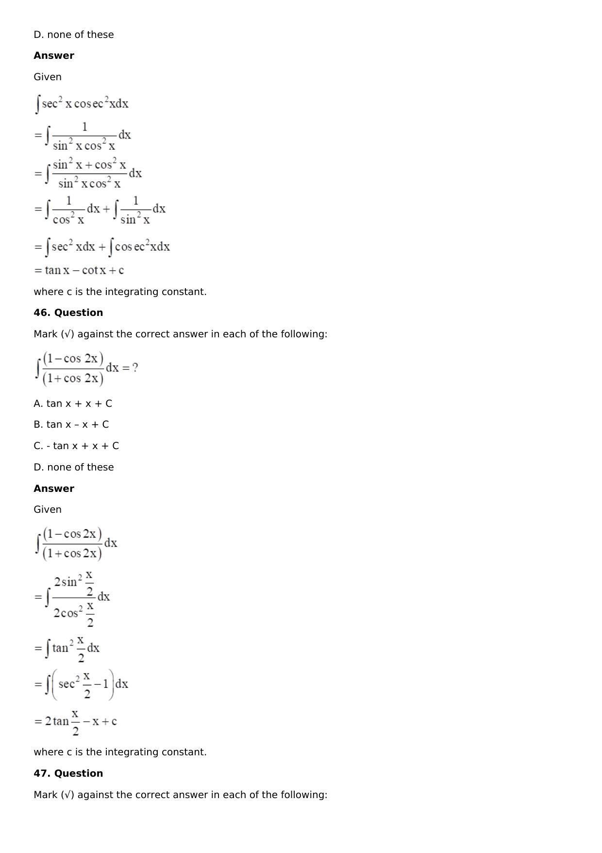 Chapter 13: Method of Integration Solutions: RS Aggarwal Class 12 Solutions  - Page 86