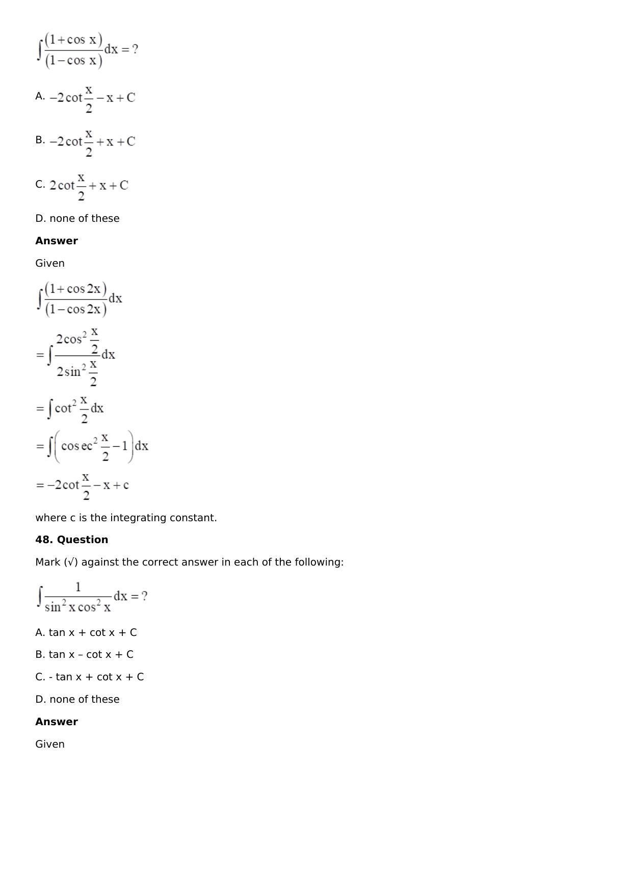 Chapter 13: Method of Integration Solutions: RS Aggarwal Class 12 Solutions  - Page 87