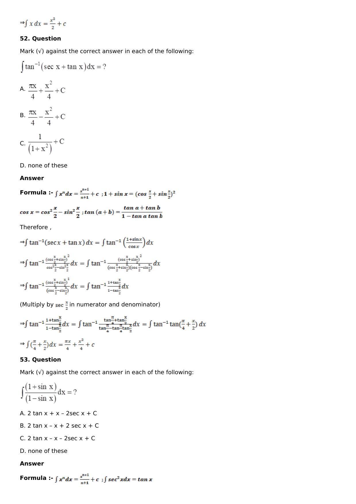 Chapter 13: Method of Integration Solutions: RS Aggarwal Class 12 Solutions  - Page 90
