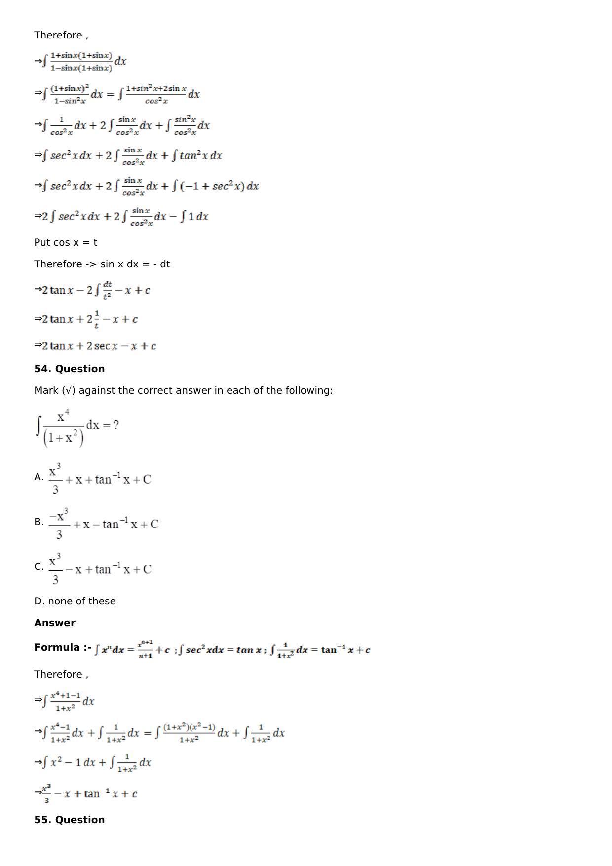 Chapter 13: Method of Integration Solutions: RS Aggarwal Class 12 Solutions  - Page 91