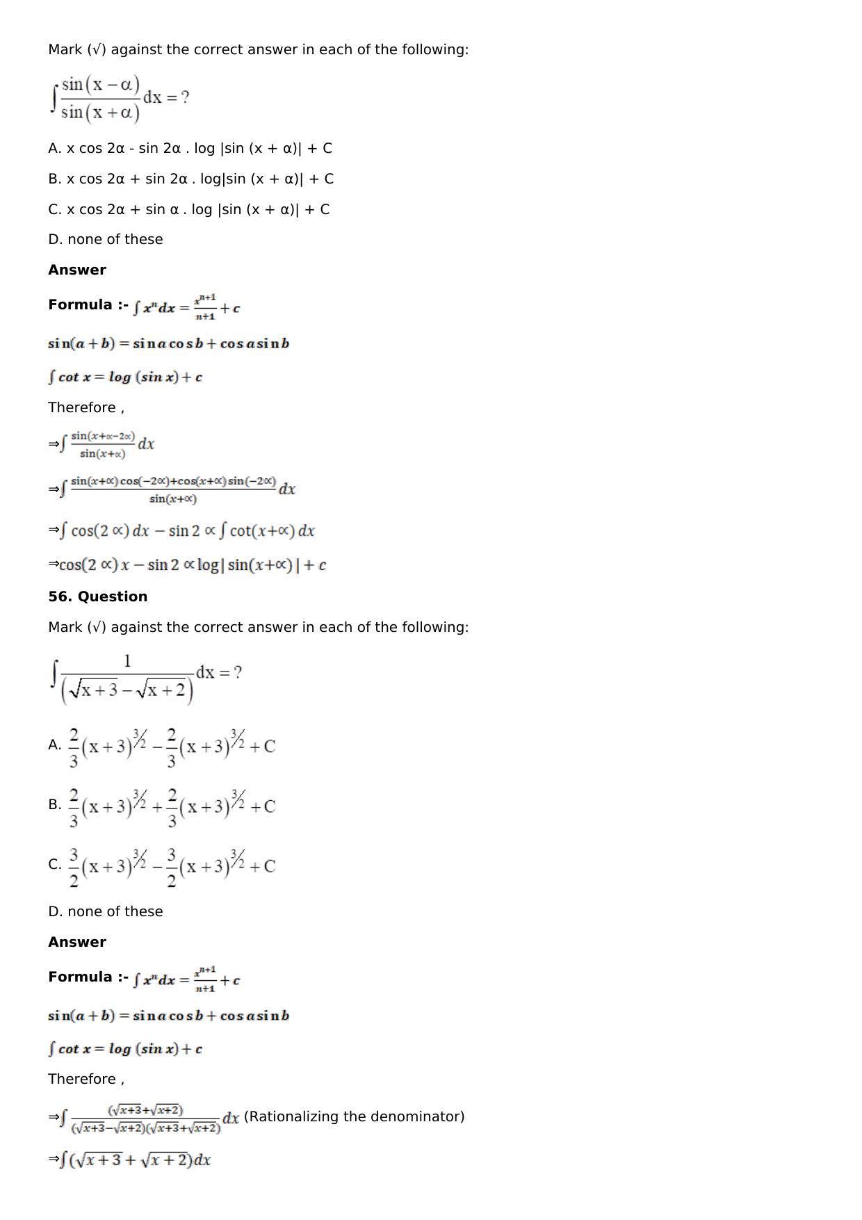 Chapter 13: Method of Integration Solutions: RS Aggarwal Class 12 Solutions  - Page 92