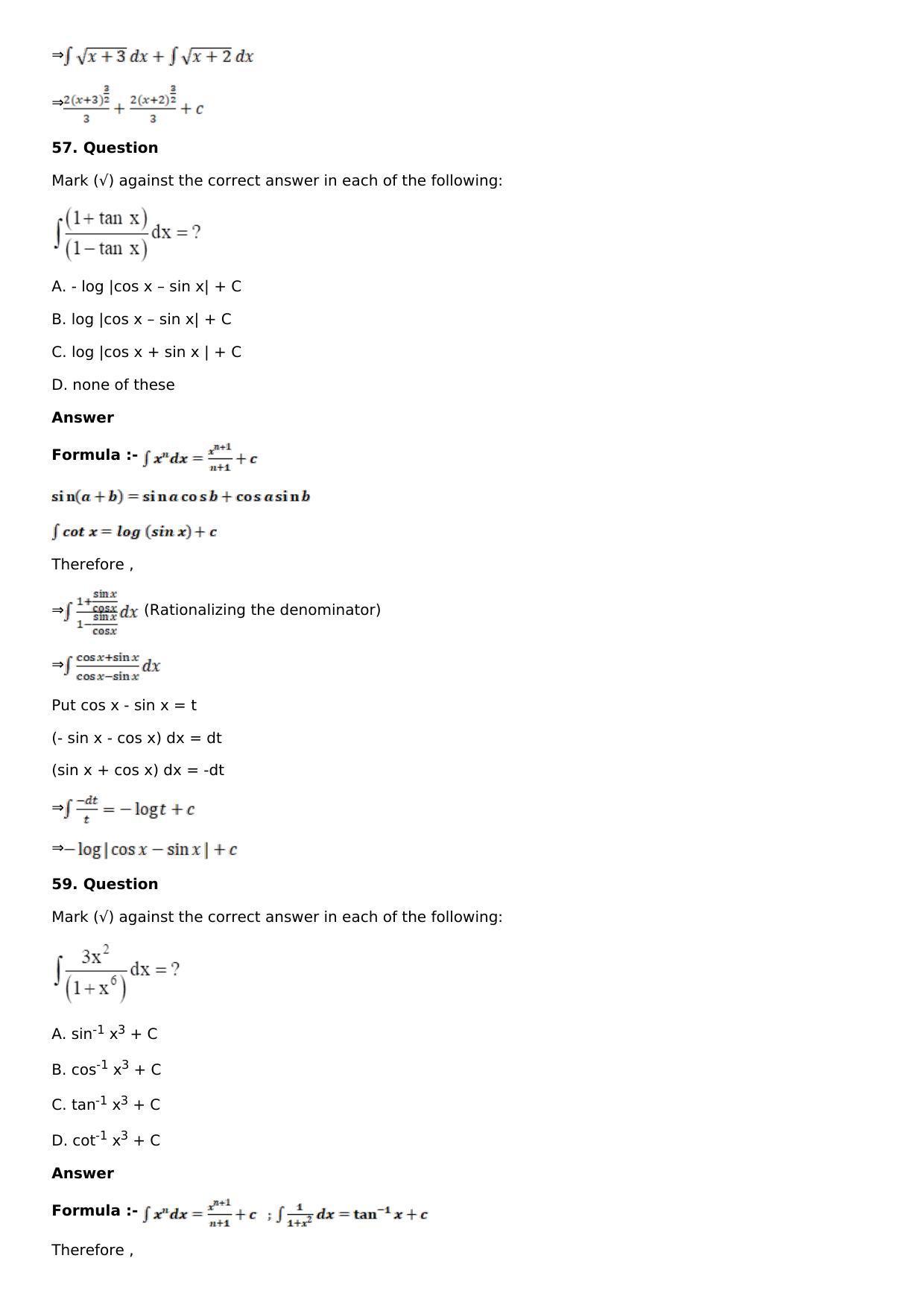 Chapter 13: Method of Integration Solutions: RS Aggarwal Class 12 Solutions  - Page 93