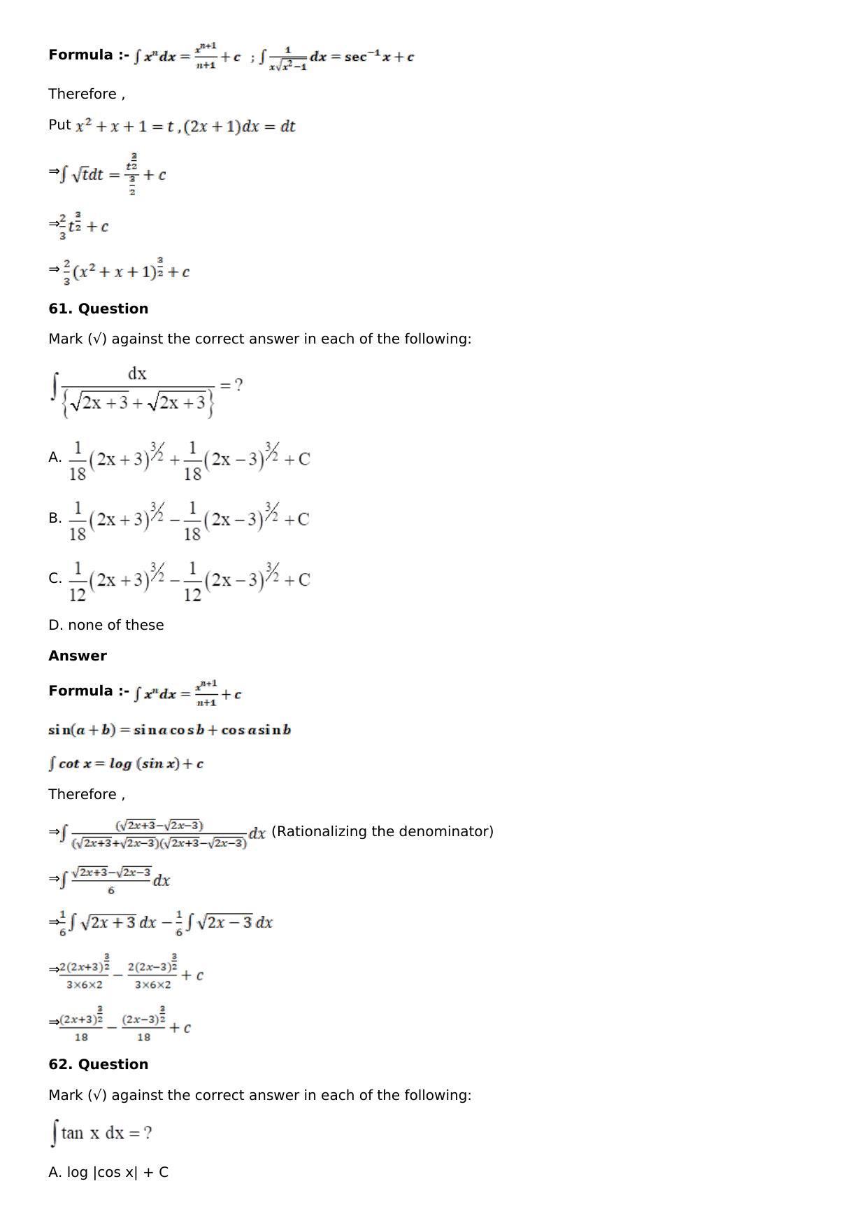 Chapter 13: Method of Integration Solutions: RS Aggarwal Class 12 Solutions  - Page 95