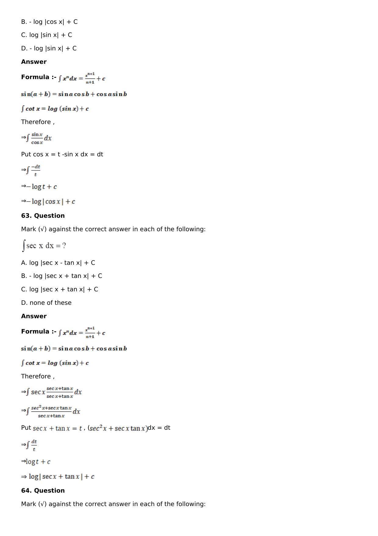 Chapter 13: Method of Integration Solutions: RS Aggarwal Class 12 Solutions  - Page 96