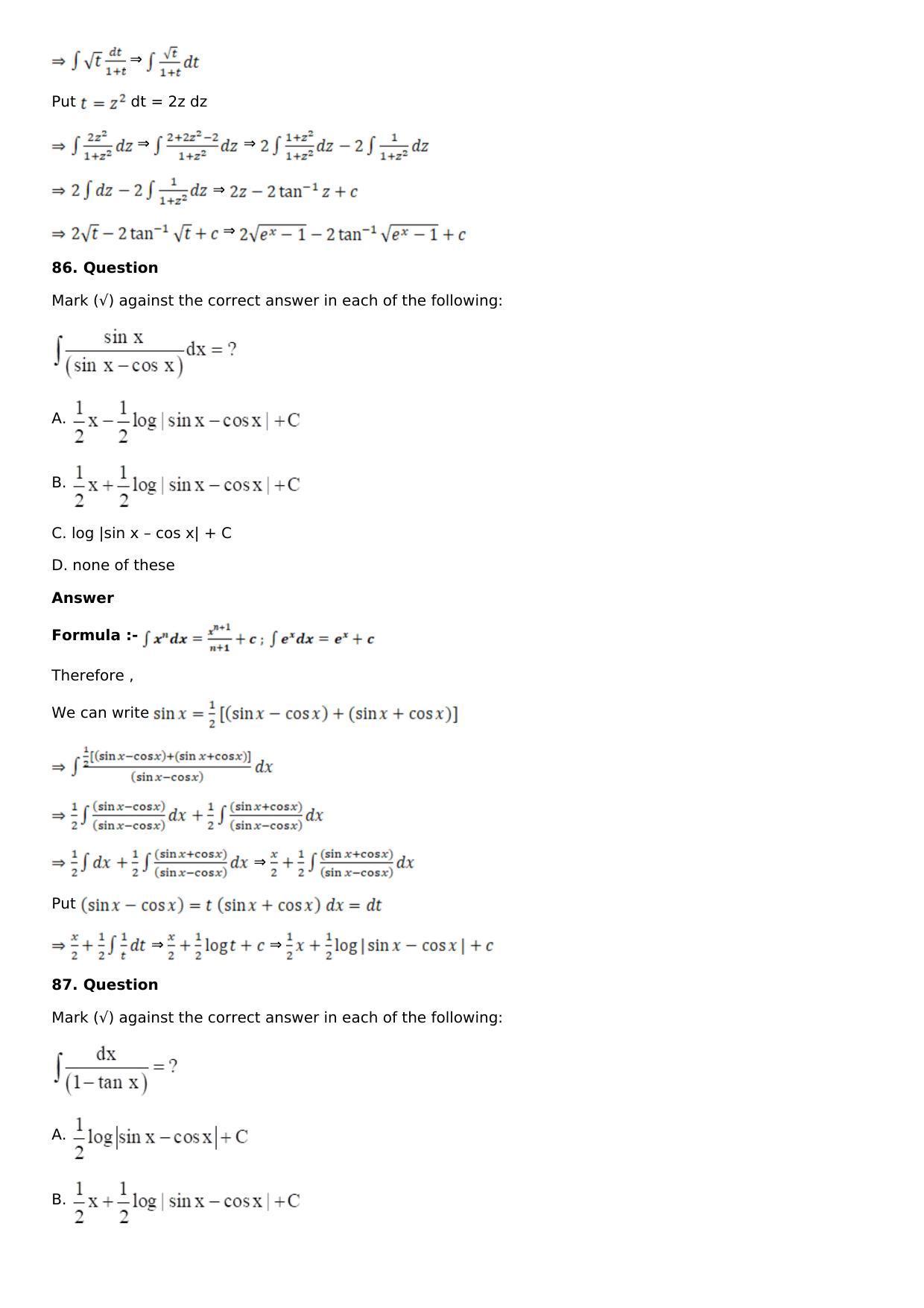 Chapter 13: Method of Integration Solutions: RS Aggarwal Class 12 Solutions  - Page 108