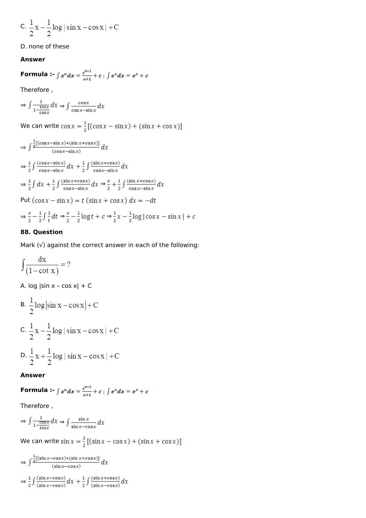 Chapter 13: Method of Integration Solutions: RS Aggarwal Class 12 Solutions  - Page 109