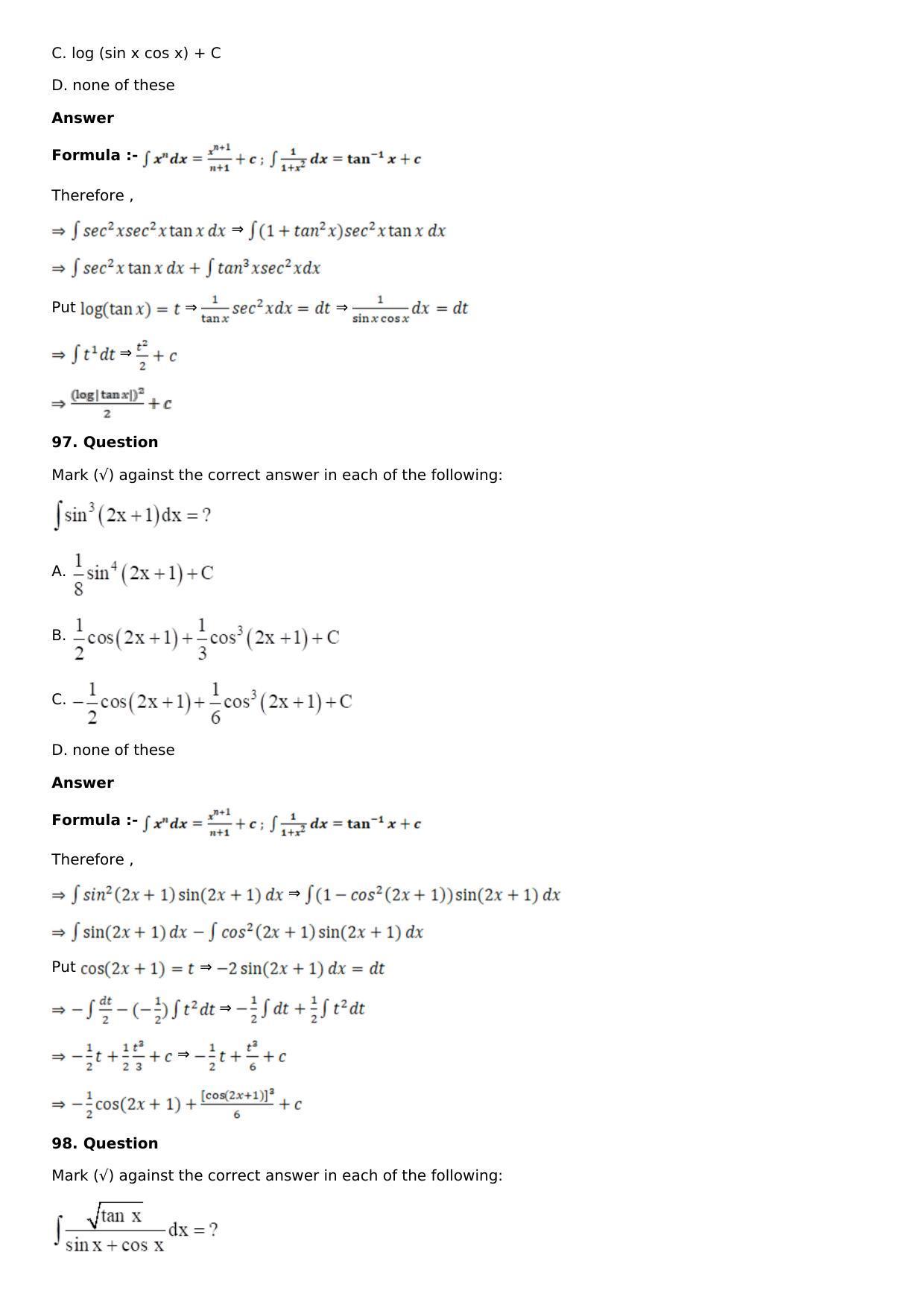 Chapter 13: Method of Integration Solutions: RS Aggarwal Class 12 Solutions  - Page 114
