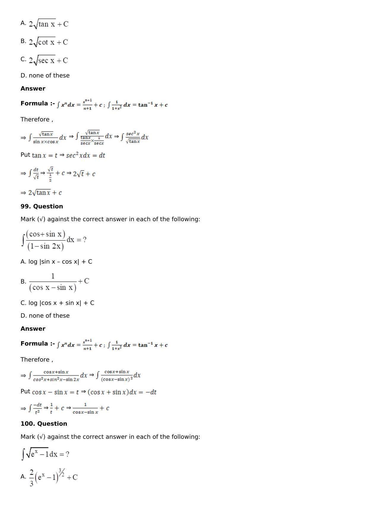 Chapter 13: Method of Integration Solutions: RS Aggarwal Class 12 Solutions  - Page 115