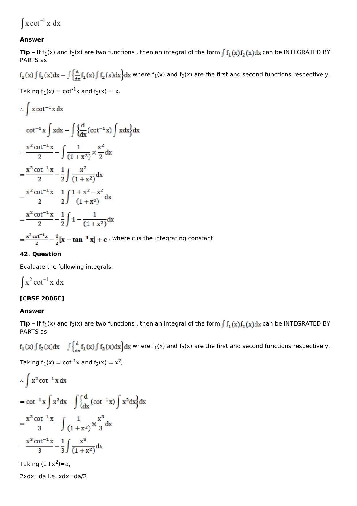 Chapter 13: Method of Integration Solutions: RS Aggarwal Class 12 Solutions  - Page 164