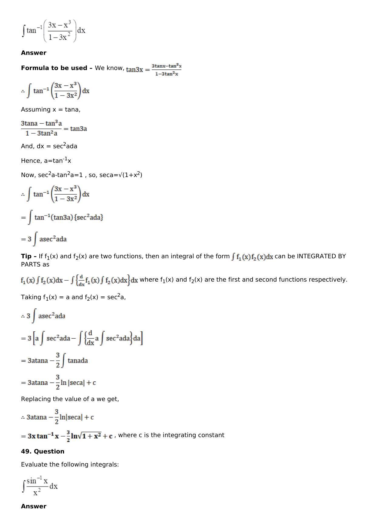 Chapter 13: Method of Integration Solutions: RS Aggarwal Class 12 Solutions  - Page 170