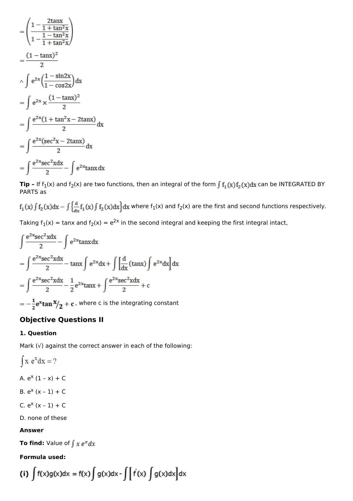 Chapter 13: Method of Integration Solutions: RS Aggarwal Class 12 Solutions  - Page 197