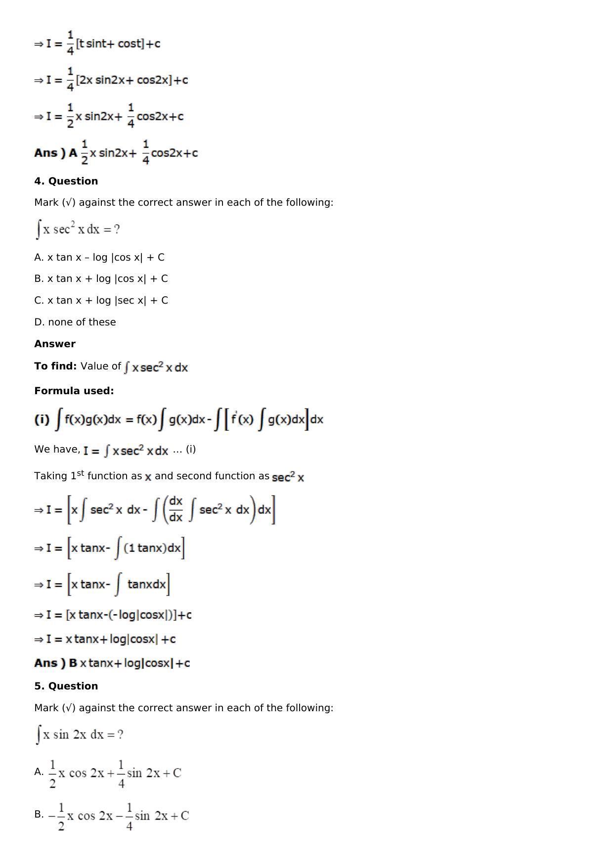 Chapter 13: Method of Integration Solutions: RS Aggarwal Class 12 Solutions  - Page 200