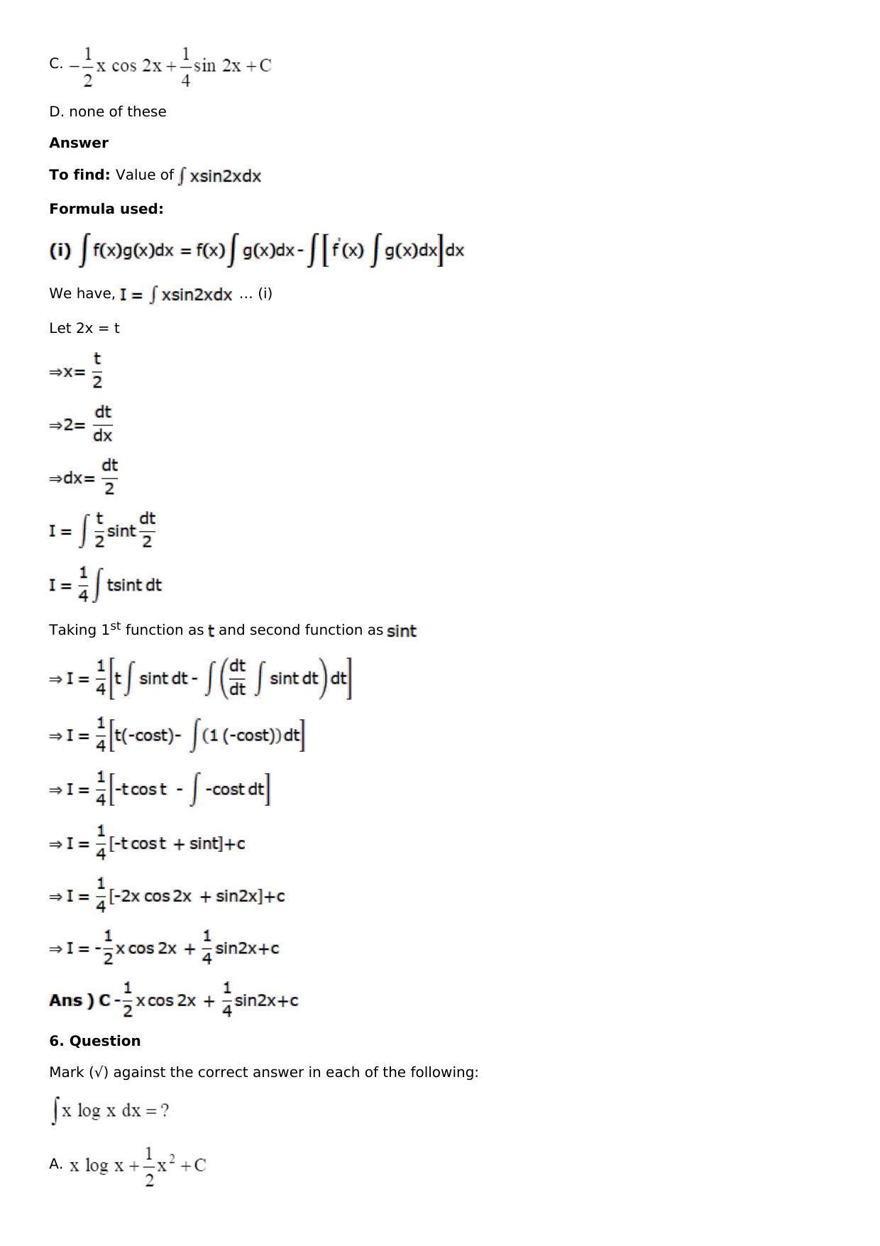 Chapter 13: Method of Integration Solutions: RS Aggarwal Class 12 Solutions  - Page 201
