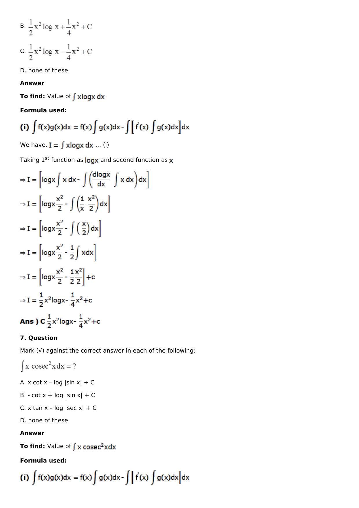 Chapter 13: Method of Integration Solutions: RS Aggarwal Class 12 Solutions  - Page 202