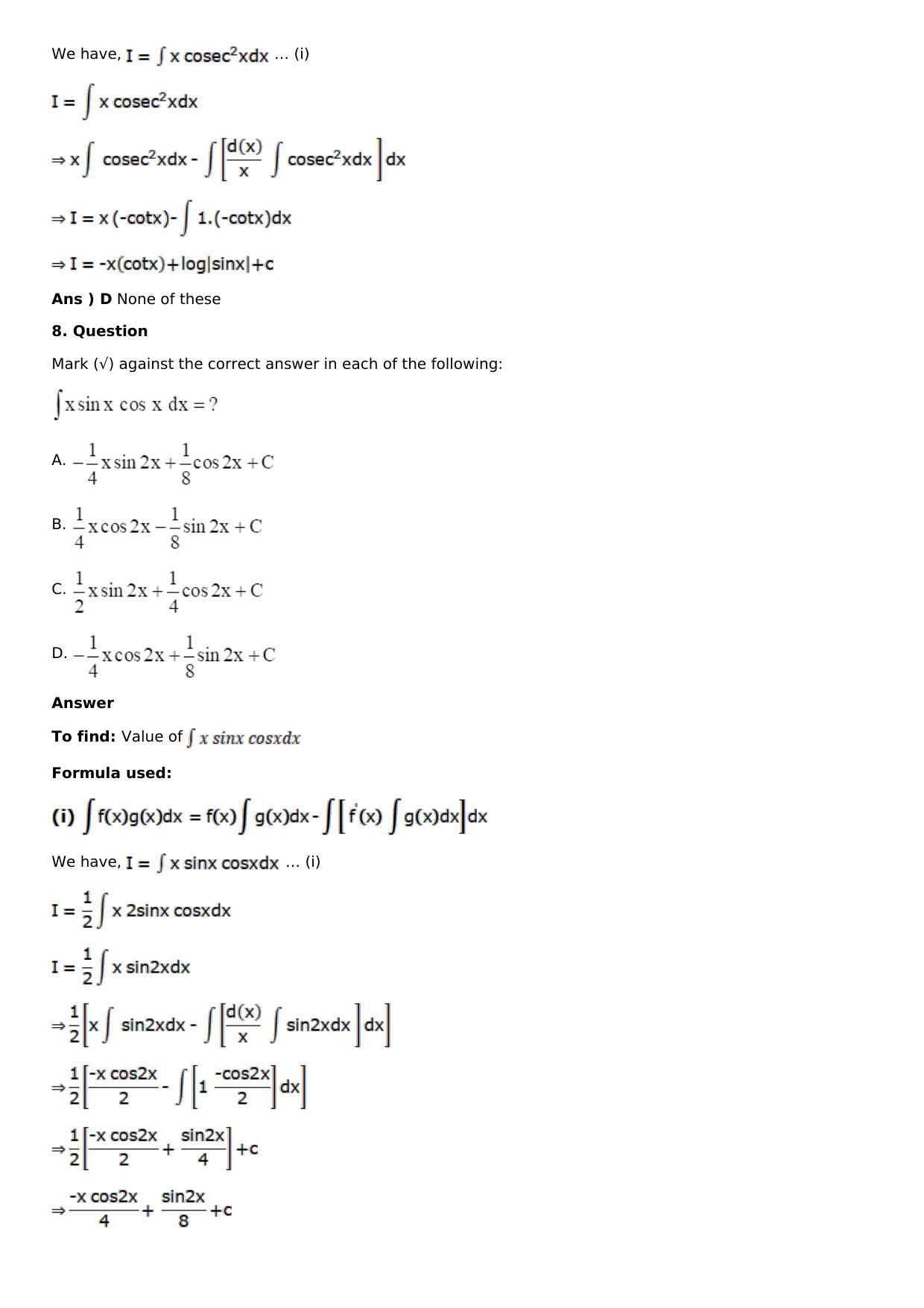 Chapter 13: Method of Integration Solutions: RS Aggarwal Class 12 Solutions  - Page 203