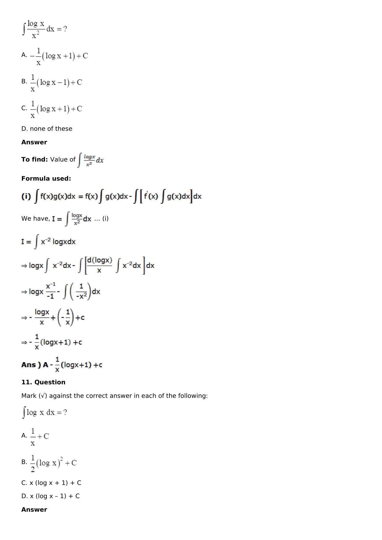 Chapter 13: Method of Integration Solutions: RS Aggarwal Class 12 Solutions  - Page 205