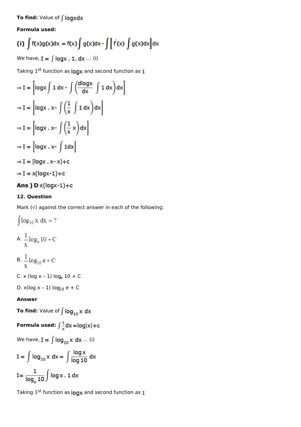 Chapter 13: Method of Integration Solutions: RS Aggarwal Class 12 Solutions  - Page 206