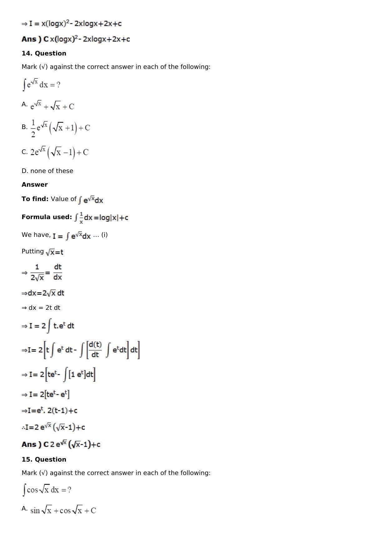 Chapter 13: Method of Integration Solutions: RS Aggarwal Class 12 Solutions  - Page 208