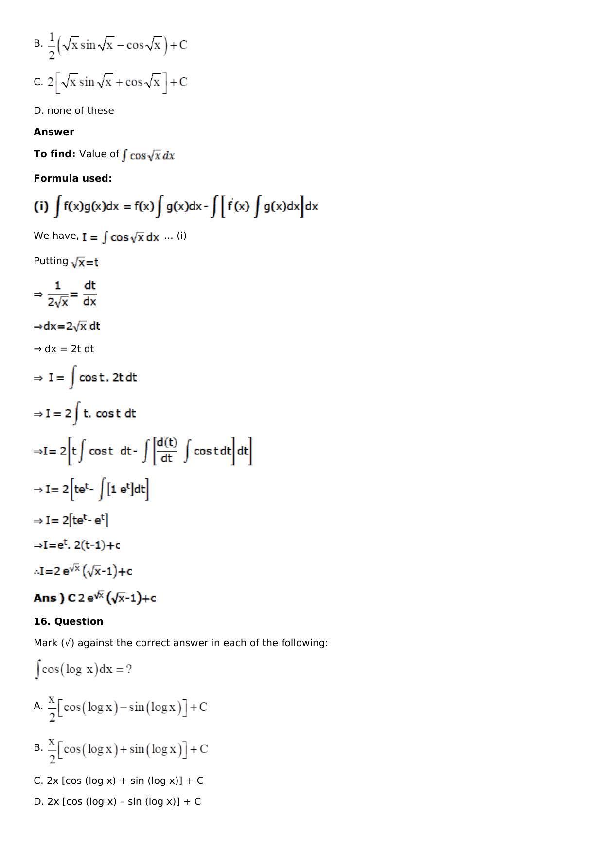 Chapter 13: Method of Integration Solutions: RS Aggarwal Class 12 Solutions  - Page 209