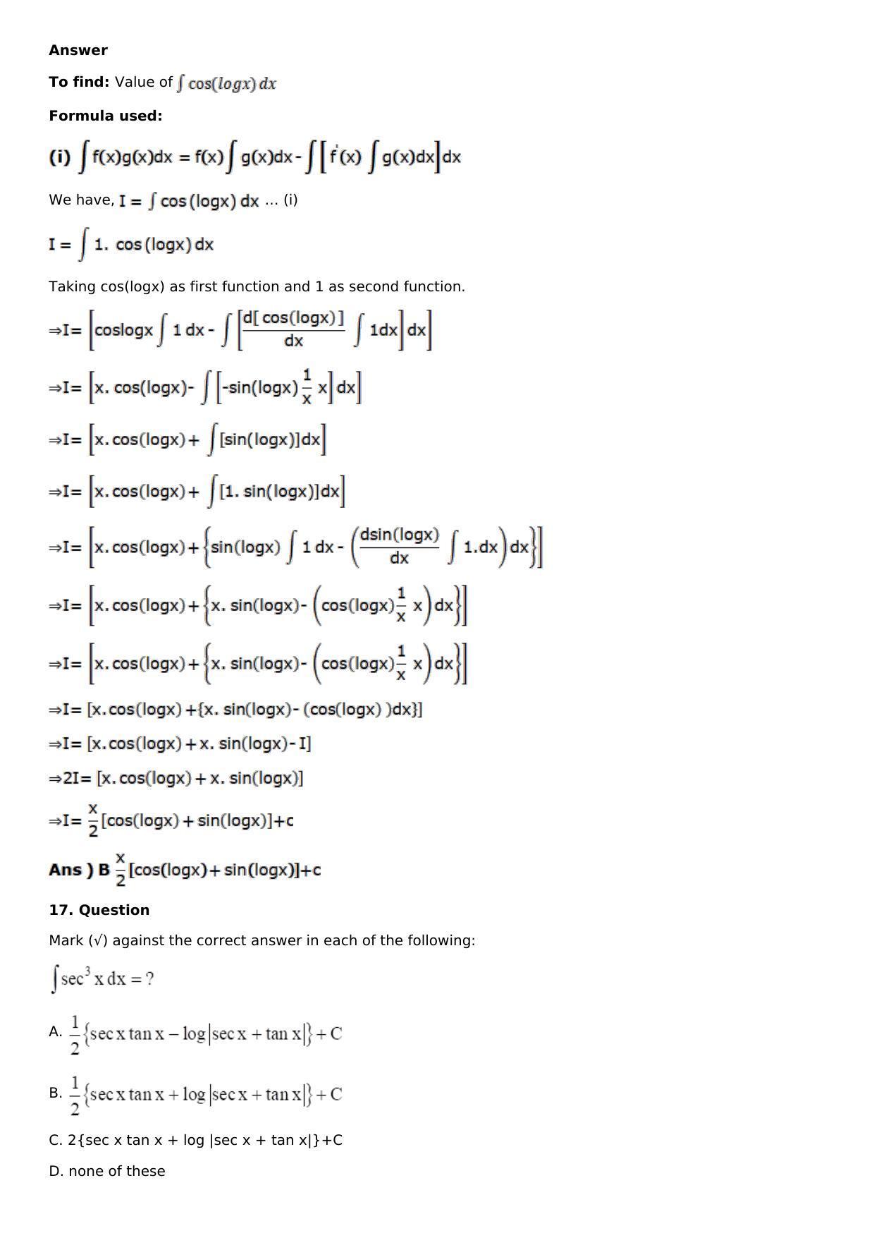 Chapter 13: Method of Integration Solutions: RS Aggarwal Class 12 Solutions  - Page 210