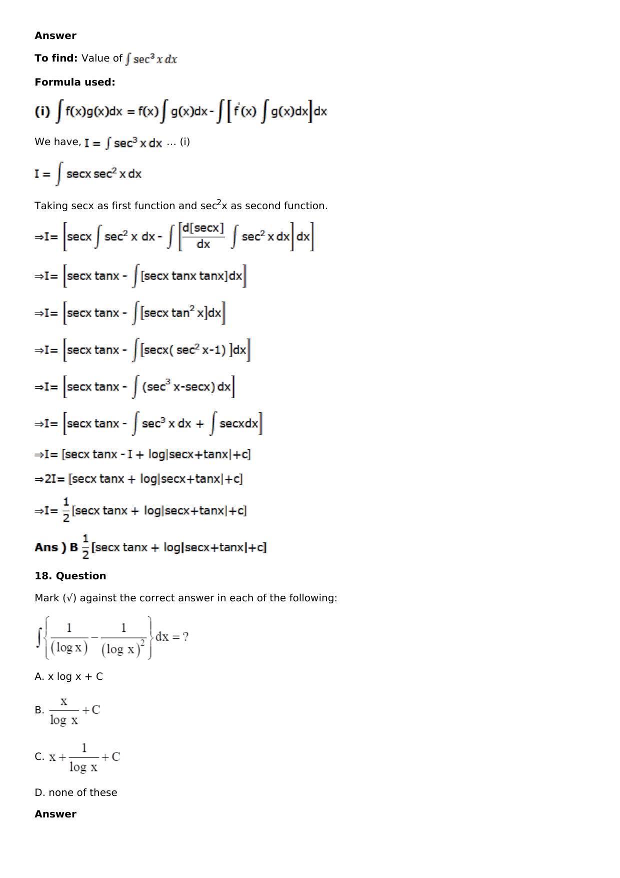 Chapter 13: Method of Integration Solutions: RS Aggarwal Class 12 Solutions  - Page 211
