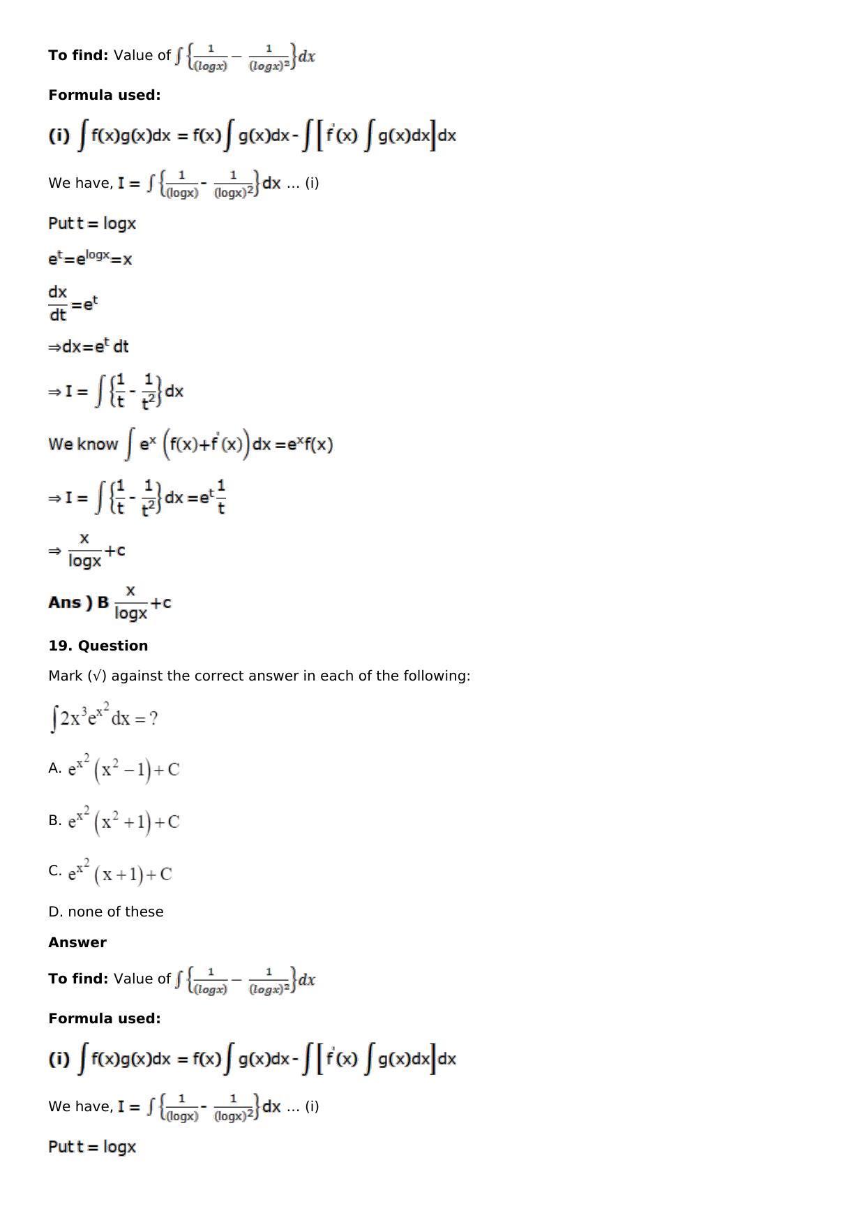 Chapter 13: Method of Integration Solutions: RS Aggarwal Class 12 Solutions  - Page 212