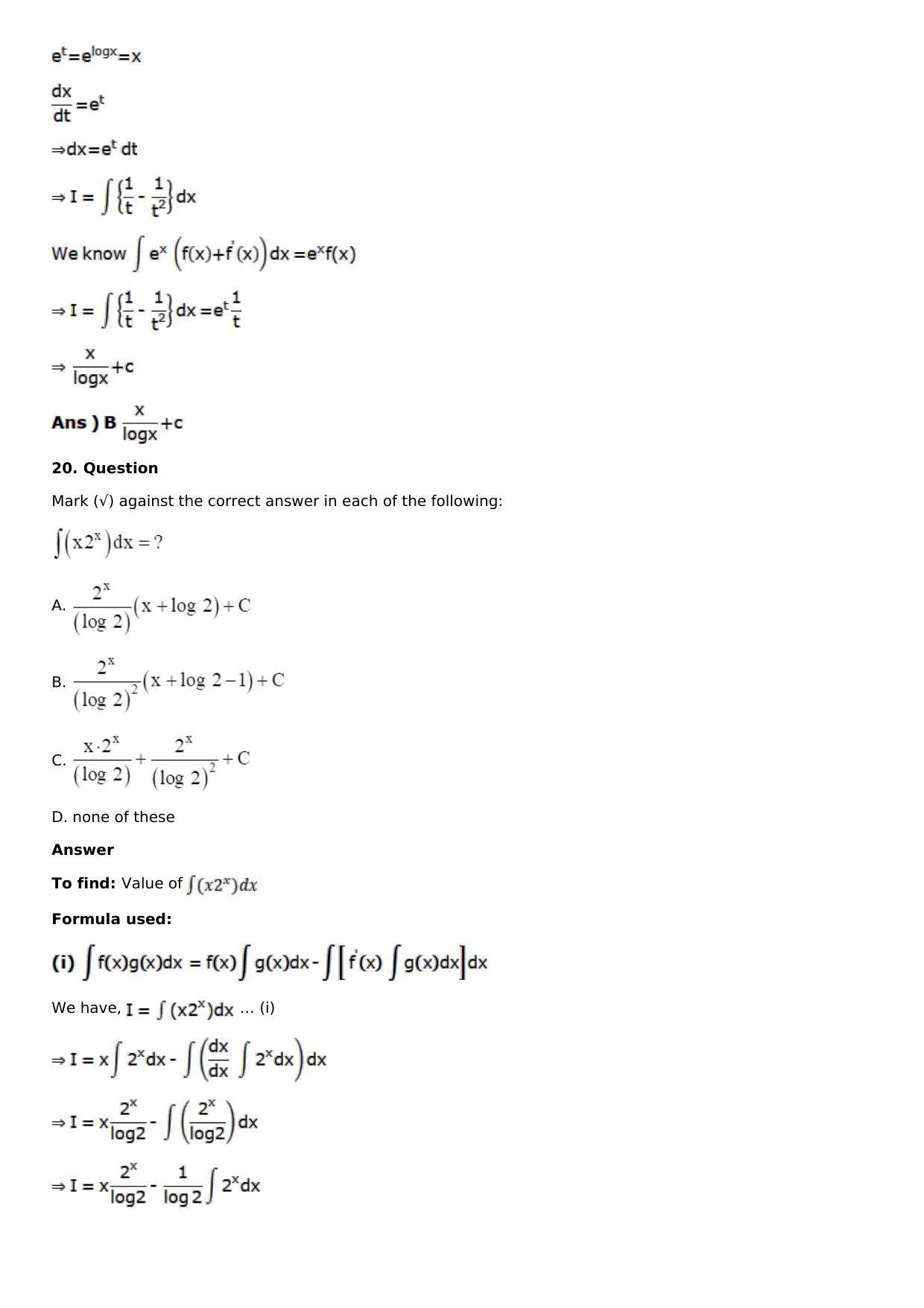 Chapter 13: Method of Integration Solutions: RS Aggarwal Class 12 Solutions  - Page 213