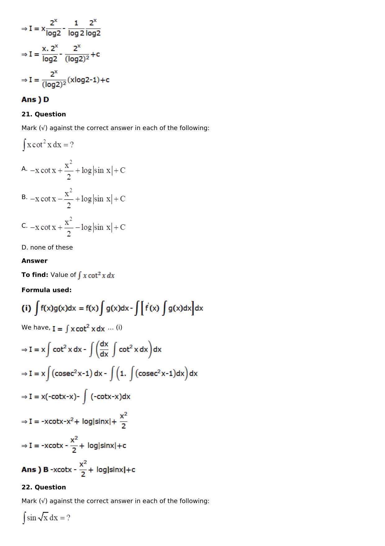Chapter 13: Method of Integration Solutions: RS Aggarwal Class 12 Solutions  - Page 214