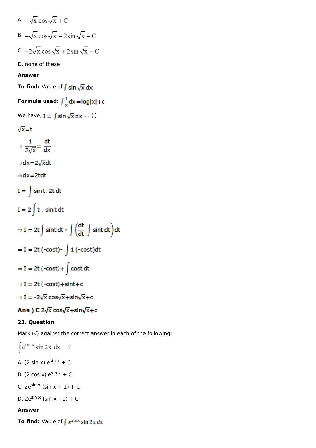 Chapter 13: Method of Integration Solutions: RS Aggarwal Class 12 Solutions  - Page 215